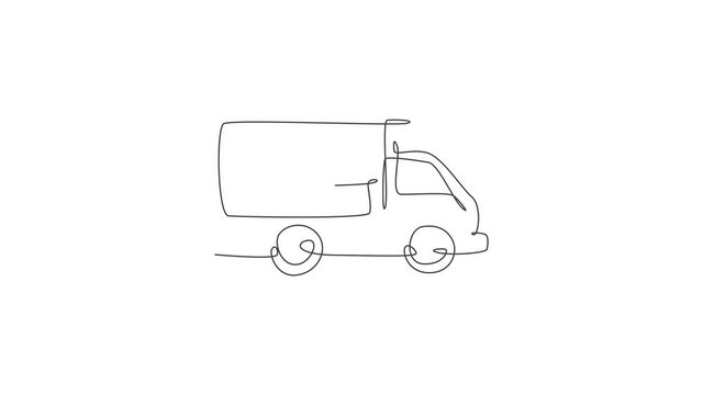 Animated self drawing of one continuous line draw box car with tray cover cloche for food delivery service logo emblem. Fast food cafe shop logotype template concept. Full length single line animation