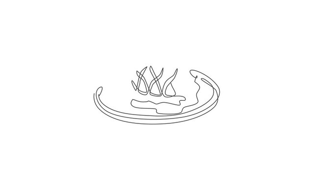Animated self drawing of one continuous line draw fresh juicy delicious beef steak on hot plate. Steak restaurant template concept. Full length single line animation draw design illustration.