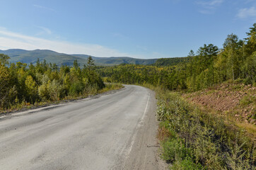Fototapeta na wymiar Lidoga - Vanino highway crossing taiga and Sikhote-Alin mountains in Khabarovsky krai, Russia