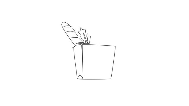 Animated self drawing of continuous line draw stylized paper grocery bag with baguette, bread, milk and vegetable inside. Staple food concept. Full length one line animation for grocery shop logo.