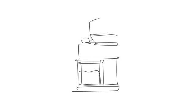Animation of one line drawing of electric coffee beans grinder machine logo. Coffee shop and restaurant badge concept. Continuous line self draw animated beverage store logotype. Full length motion.
