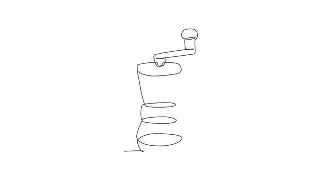 Animated self drawing of one continuous line draw manual wooden handy coffee grinder logo. Old vintage classic coffee mill logotype template concept. Full length single line animation coffee shop.