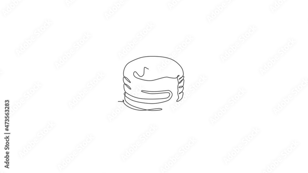 Poster animation of one line drawing fresh stacked pancake with butter logo. breakfast food cafe menu and r
