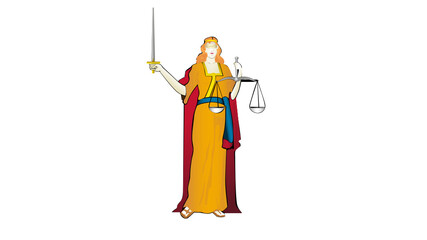 Illustration of goddess Themis posed with sword extended upwards