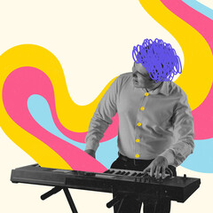 Contemporary art collage, modern design. Retro style. Stylish performer playing piano on vibrant color background