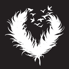 Feathers in the form of a heart with birds 