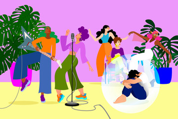 group of women making music, playing the guitar and singing into a microphone while an isolated sad man sits in a bubble and others dancing