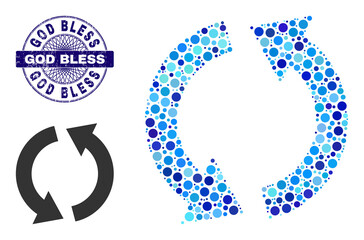 Circle collage recycle icon and GOD BLESS round rubber watermark. Blue stamp seal includes GOD BLESS caption inside circle and guilloche structure. Vector collage is based on recycle icon,