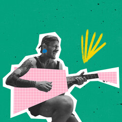 Contemporary art collage, creative design. Cover for magazine. Stylish hipster, man playing guitar on bright neoned background