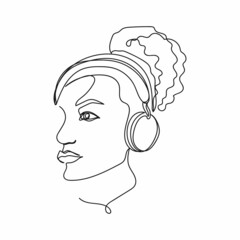 Vector abstract continuous one single simple line drawing icon of woman listen music audio in silhouette sketch.