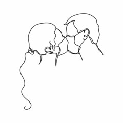 Vector abstract continuous one single simple line drawing icon of couple kiss in mask medical in silhouette sketch.