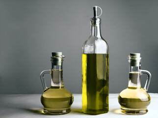 Set of vegetable or olive oil glass bottles isolated on white or gray background. The collection of...