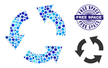 Circle mosaic recycle icon and FREE SPACE round corroded stamp imitation. Blue stamp seal includes FREE SPACE text inside circle and guilloche structure. Vector collage is based on recycle icon,