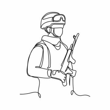 Vector abstract continuous one single simple line drawing icon of military soldier in silhouette sketch.