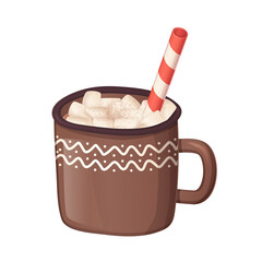 Cozy cocoa with marshmallows and stripped red white straw in realistic cartoon style.