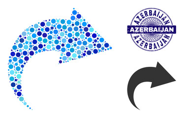 Circle combination redo icon and AZERBAIJAN round rubber stamp seal. Blue stamp seal includes AZERBAIJAN text inside circle and guilloche pattern. Vector mosaic is based on redo symbol,
