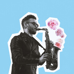 Contemporary art collage, modern design. Retro style. Stylish man playing saxophone on light background