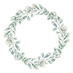 Watercolor illustration card with eucalyptus branches and white flowers wreath. Isolated on white background. Hand drawn clipart. Perfect for card, postcard, tags, invitation, printing, wrapping.