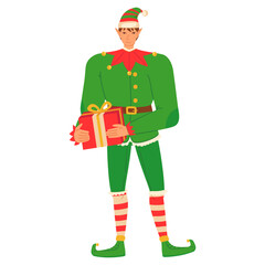 Christmas elf giving present in flat cartoon style.