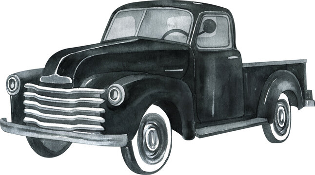 Watercolor black retro truck illustration isolated on white background.