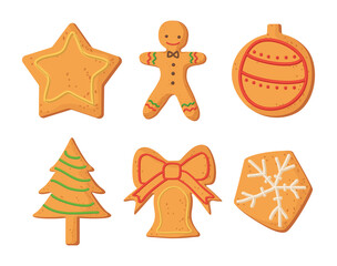 Set of christmas homemade gingerbread decorated icing in realistic cartoon style