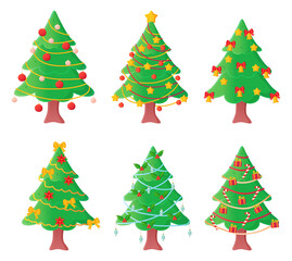Set of pretty christmas trees decorated balls and garlands in cartoon style.