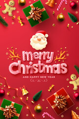 Merry Christmas and Happy New Year Poster or banner with Cute Santa claus,gift box and christmas element on red background.Banner template for Retail,Shopping,New year or Christmas Promotion.