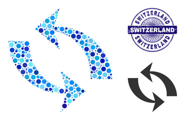 Circle collage refresh icon and SWITZERLAND round rubber stamp imitation. Blue stamp seal includes SWITZERLAND title inside circle and guilloche technique. Vector collage is based on refresh icon,