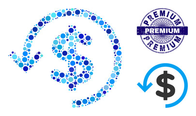 Circle mosaic refund icon and PREMIUM round unclean watermark. Violet stamp seal includes PREMIUM tag inside circle and guilloche pattern. Vector mosaic is based on refund icon,