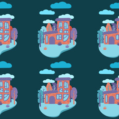 A pattern of multi-colored flat art nouveau houses. House with unusual windows. Colorful landscape with trees and clouds. EPS 10 without transparencies.