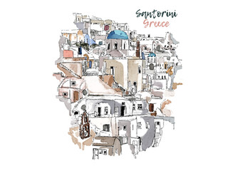 Watercolor Vector Simple ink Sketch of Santorini City view, Greece. Greek travelling. Simple urban sketch for postcards, logos, banners. - 473567675