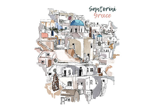 Watercolor Vector Simple ink Sketch of Santorini City view, Greece. Greek travelling. Simple urban sketch for postcards, logos, banners.