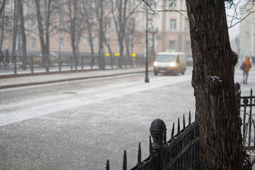 Snowfall and empty street