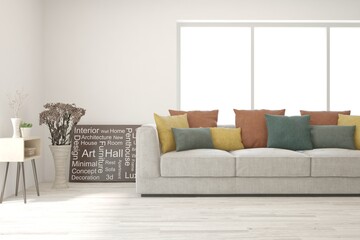 White living room with sofa. Scandinavian interior design. 3D illustration
