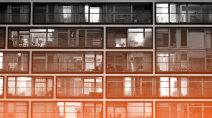 An abstract image of a residential building. Modern apartment house building architecture concept. Outdoor residential home facilities at night. Black and white. © Grand Warszawski