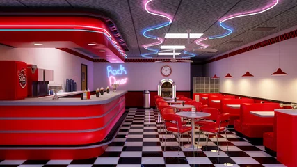 Deurstickers 3D illustration of a 1950s vintage American diner interior. © IG Digital Arts
