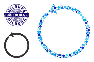Rounded dot collage rotate ccw icon and MILDURA round textured stamp print. Blue stamp seal includes MILDURA caption inside circle and guilloche style. Vector collage is based on rotate ccw icon,