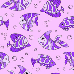 Seamless pattern of fantasy colorful psychedelic, creative doddle fish. Zen art creative design collection on pink background. Vector illustration.