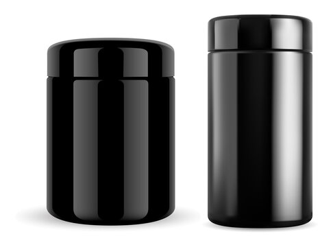 Black Jar Mockup. Plastic Cylinder Protein Container, Sport Supplement Capsule Template. Bodybuilding Sport Nutrition Powder Glossy Bottle