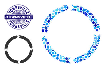 Circle collage rotation icon and TOWNSVILLE round unclean watermark. Blue stamp includes TOWNSVILLE text inside circle and guilloche ornament. Vector collage is based on rotation icon,