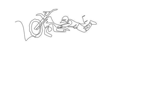 Animated self drawing of continuous line draw young motocross rider acrobatic flying with his bike. Extreme sport race concept. Full length one line animation for motocross event promotion media.