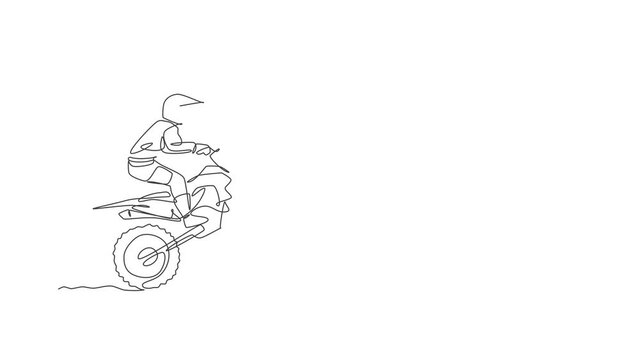 Animated self drawing of one continuous line draw young motocross rider climb mound of land at race track. Extreme sport concept. Full length single line animation for motocross competition poster.