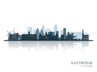 Amsterdam skyline silhouette with reflection. Landscape Amsterdam, Netherlands. Vector illustration.