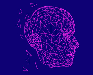3D low poly wireframe model of a human head made of triangular particles. Concept illustration of Artificial intelligence and Neural Network.