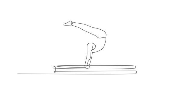 Animation of one single line drawing of young handsome gymnast man exercising parallel bars. Healthy lifestyle and athletic sport concept. Continuous line self draw animated. Full length motion.