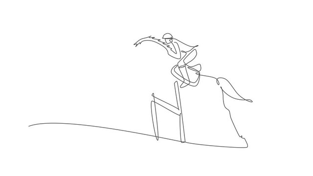 Animated self drawing of single continuous line draw young professional horseback rider jumping with a horse over the hurdle. Equestrian sport training process concept. Full length one line animation.