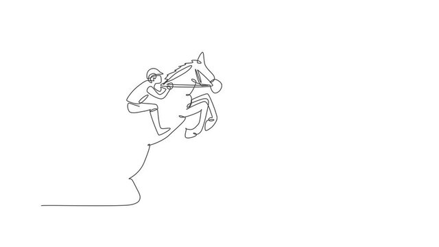 Animated self drawing of single continuous line draw young professional horseback rider try to tame the horse at the stables. Equestrian sport training process concept. Full length one line animation.