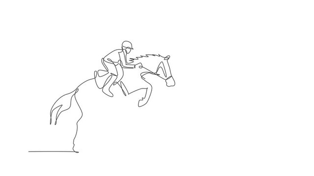Animation of one line drawing of young horse rider man performing dressage jumping the hurdle test. Equestrian sport show competition concept. Continuous line self draw animated. Full length motion.