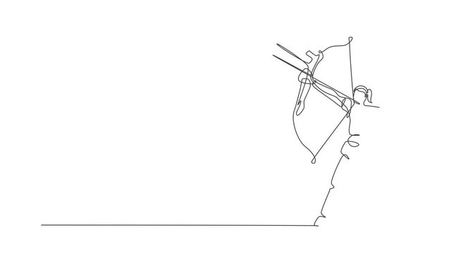 Animated self drawing of continuous line draw young professional archer woman focus aiming archery target. Archery sport exercise with the bow concept. Full length one line animation illustration.