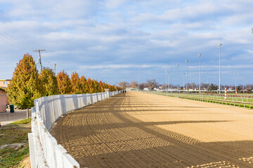 A fall day on an empty horse racetrack looking down the dirt track with a white fence and colorful ornamental pear trees.